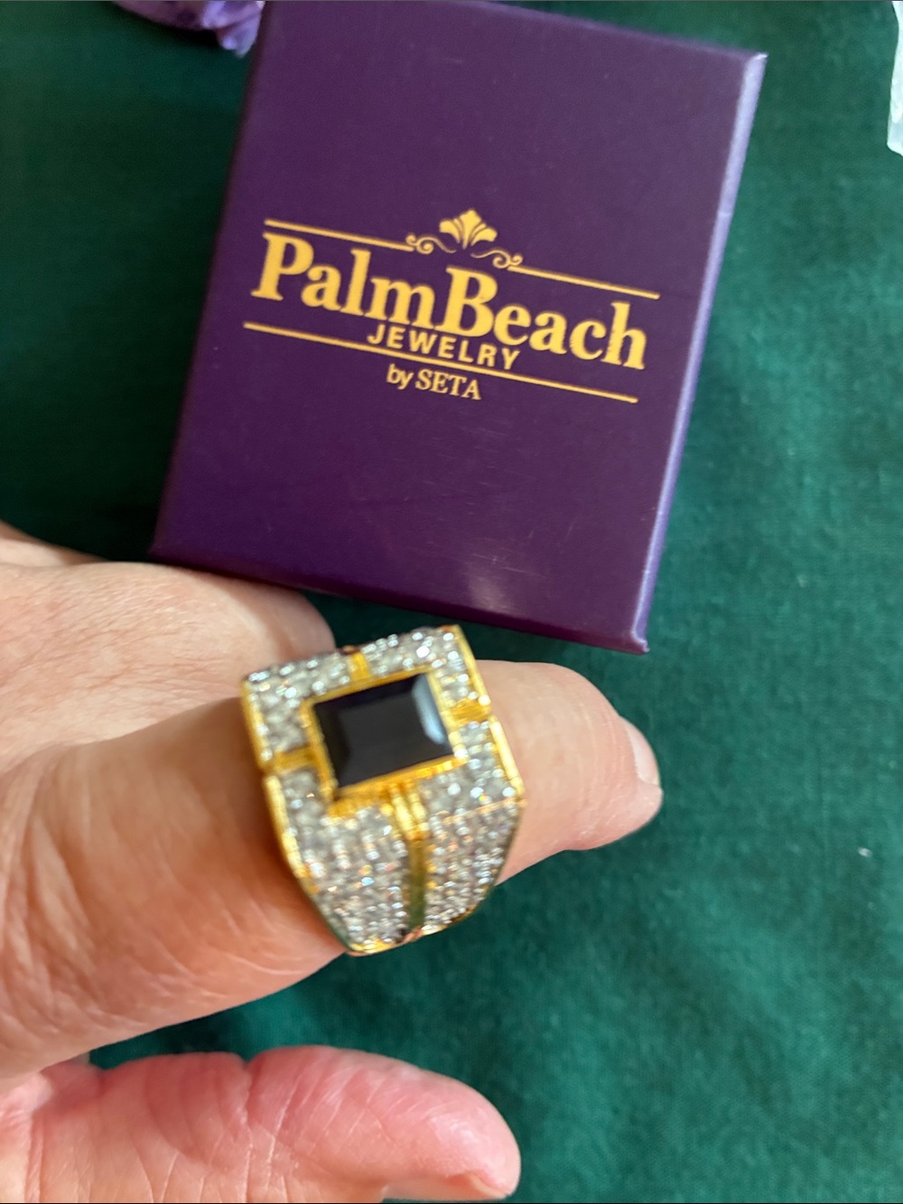 PalmBeach Jewelry Gold-Tone Black Square Statement Ring with Pavé Crystals